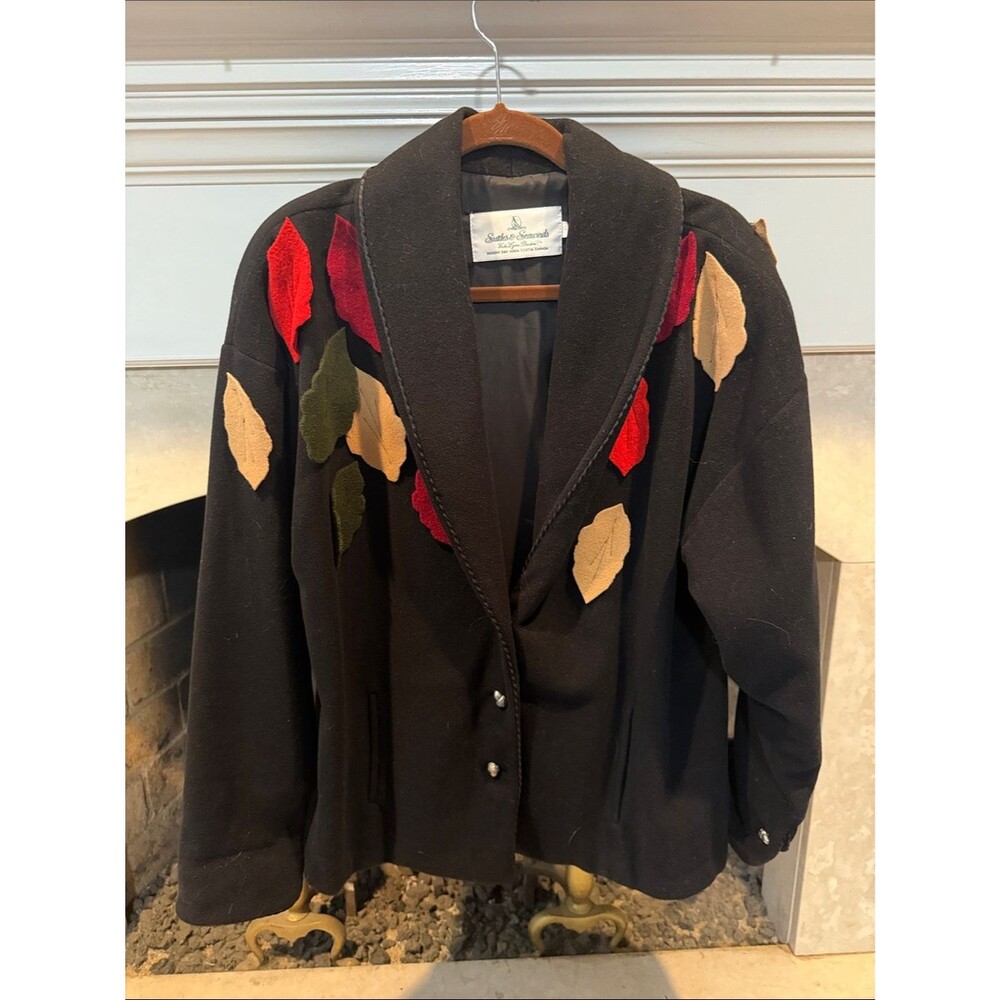 Black Wool Blend Coat with Multicolor Leaf Appliqués and Acorn Buttons size XL